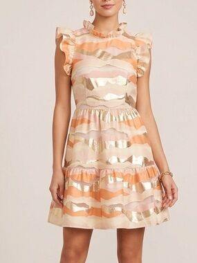 Marie Oliver Taren Dress in Metallic Dunes Sz S Mini A-Line Ruffle Short sleeves